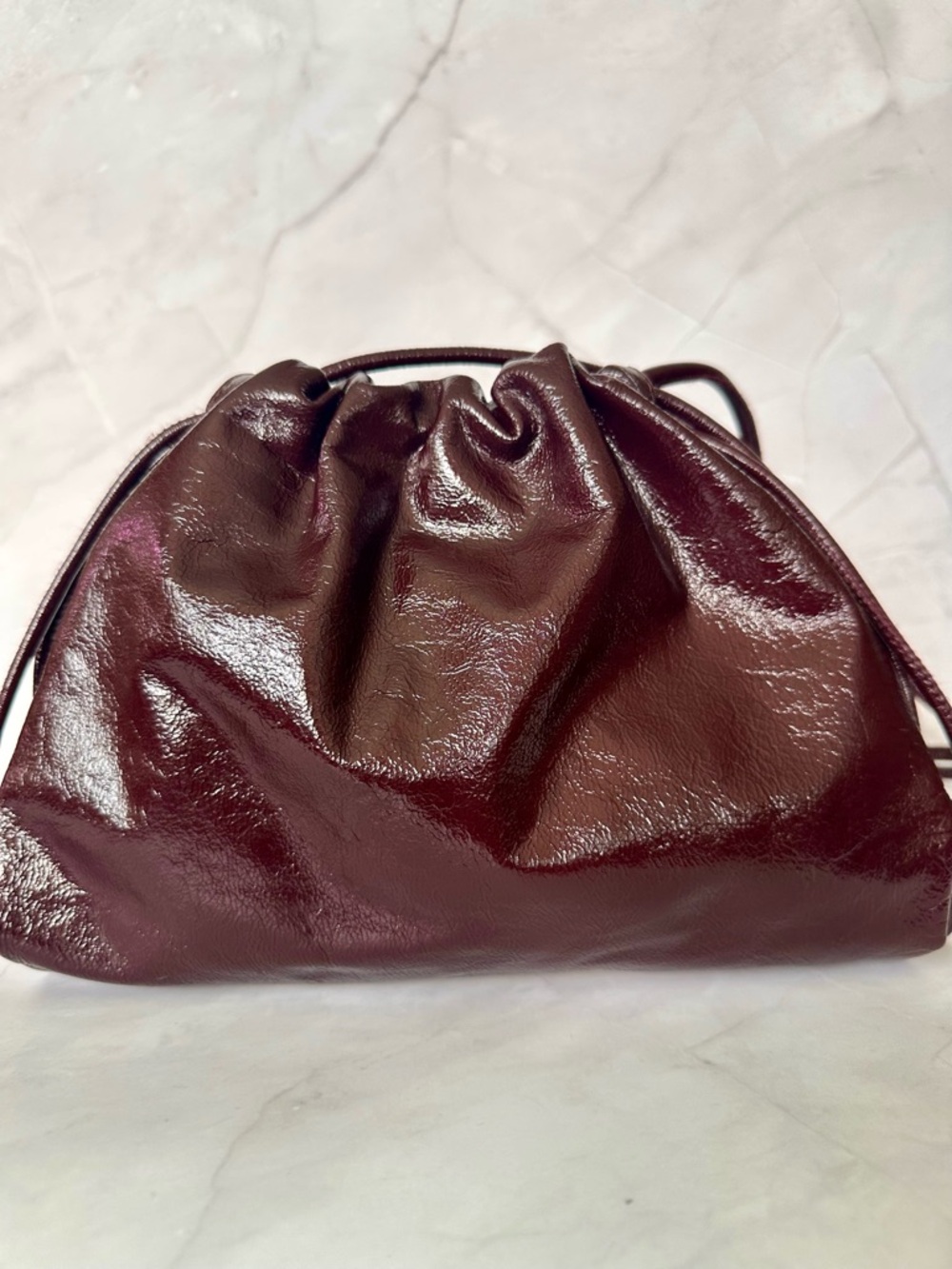 COS Mini Cavatelli Clutch Bordeaux Patent Leather Drawstring Crossbody Bag